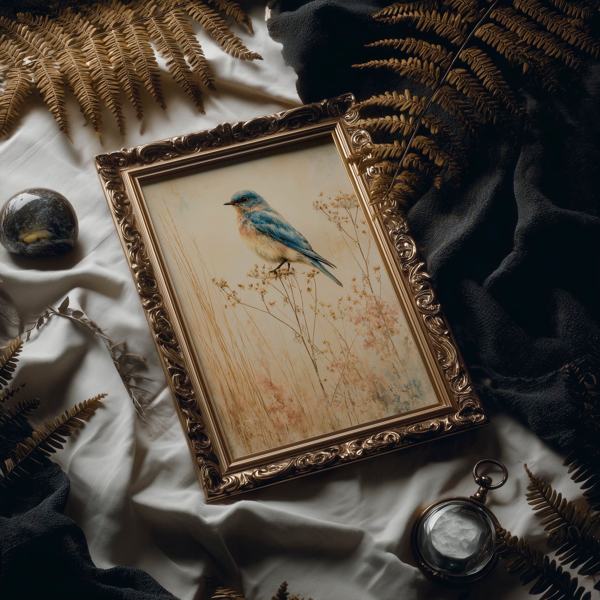 Bluebird in the Dried Wildflowers