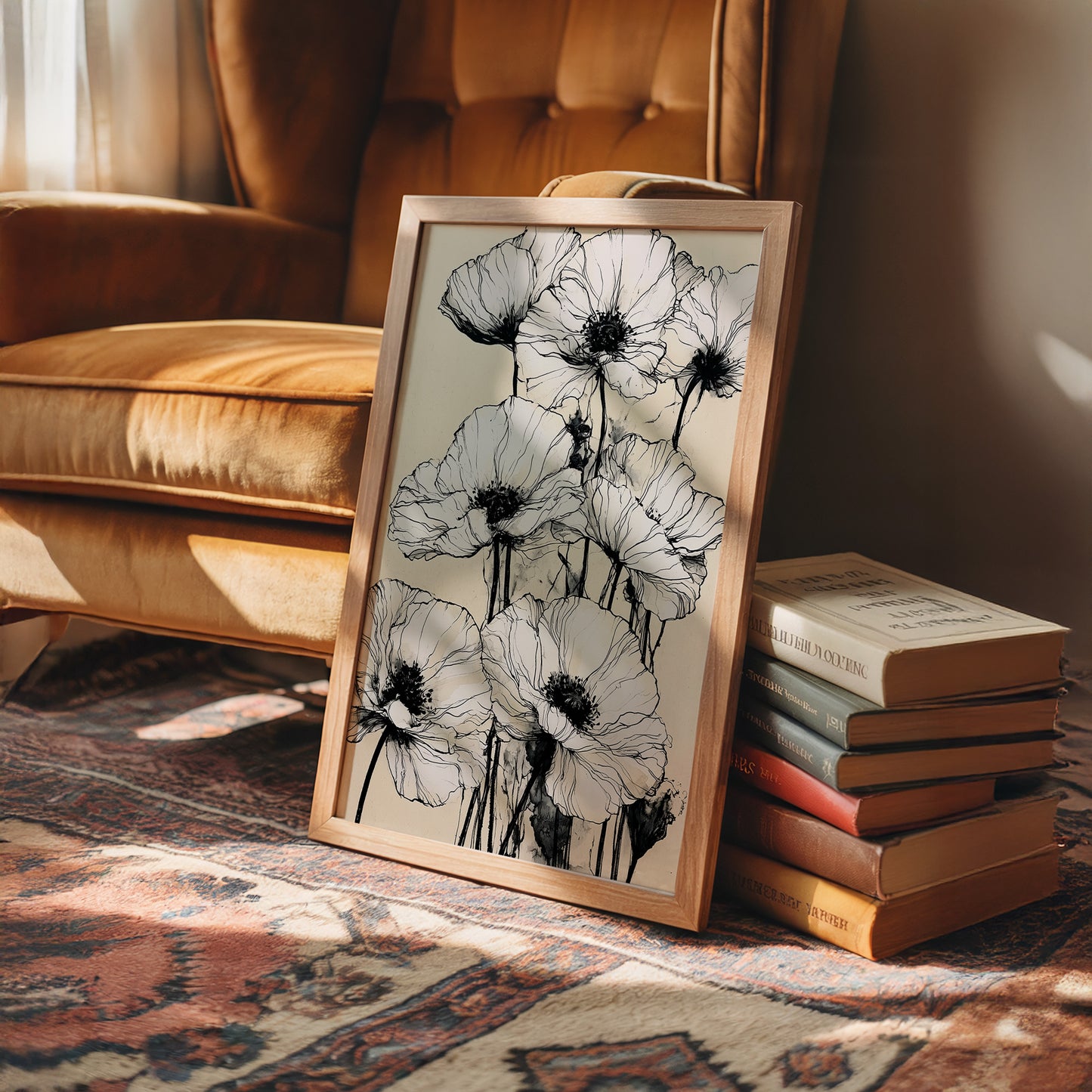 Botanical Poppies in Ink Wash