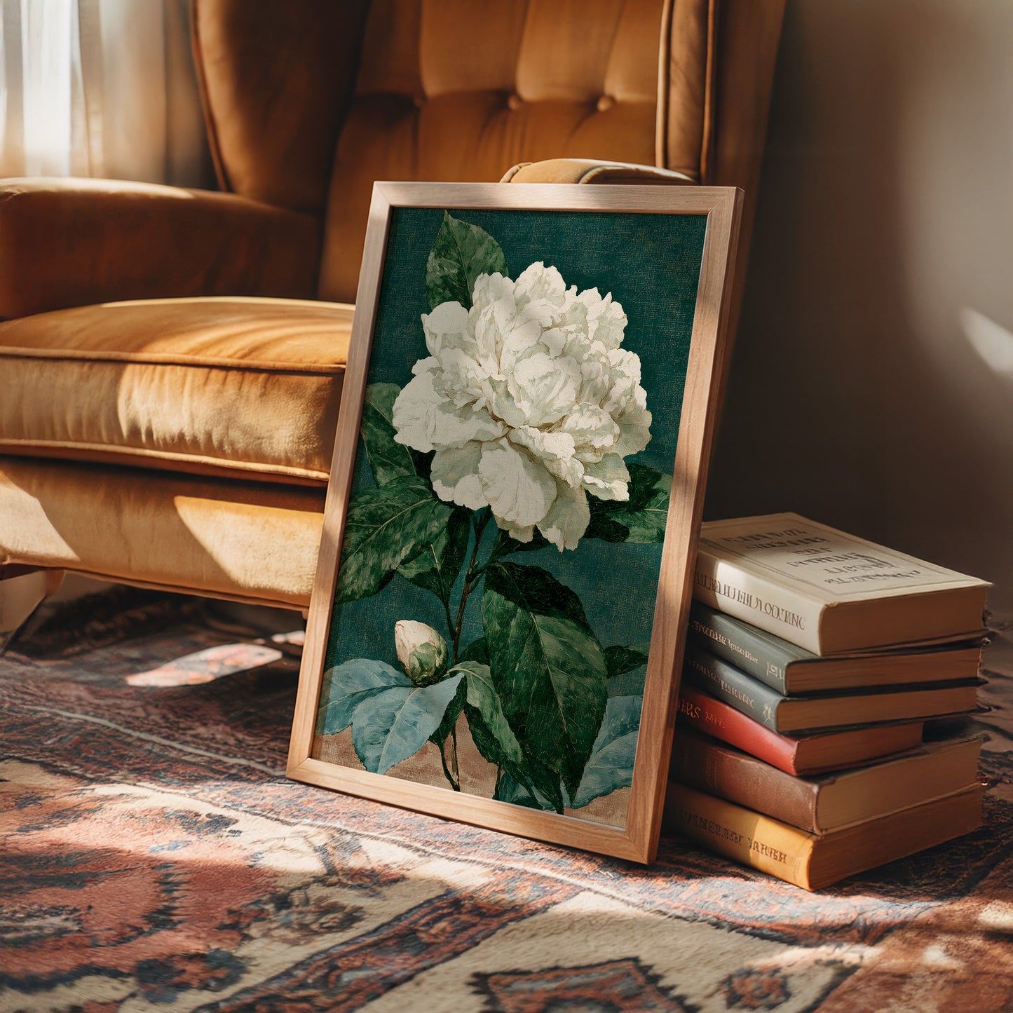 White Bloom on Cracked Teal Canvas