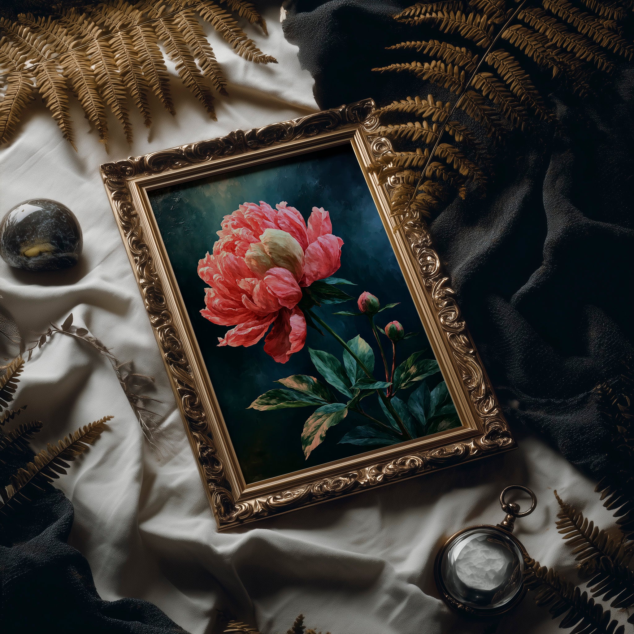 Coral Peony Against Midnight Blue