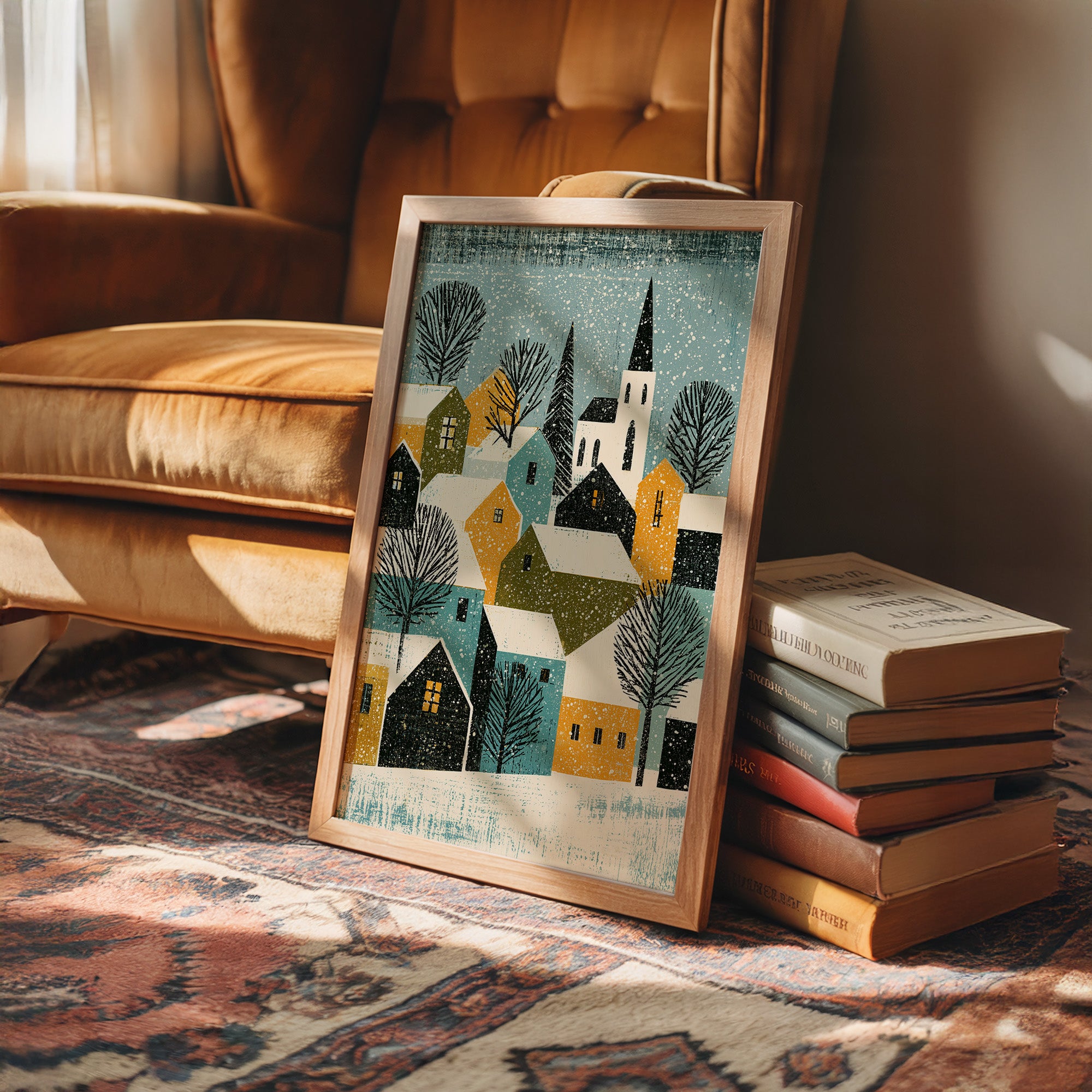 Snowy Village in Mustard & Teal