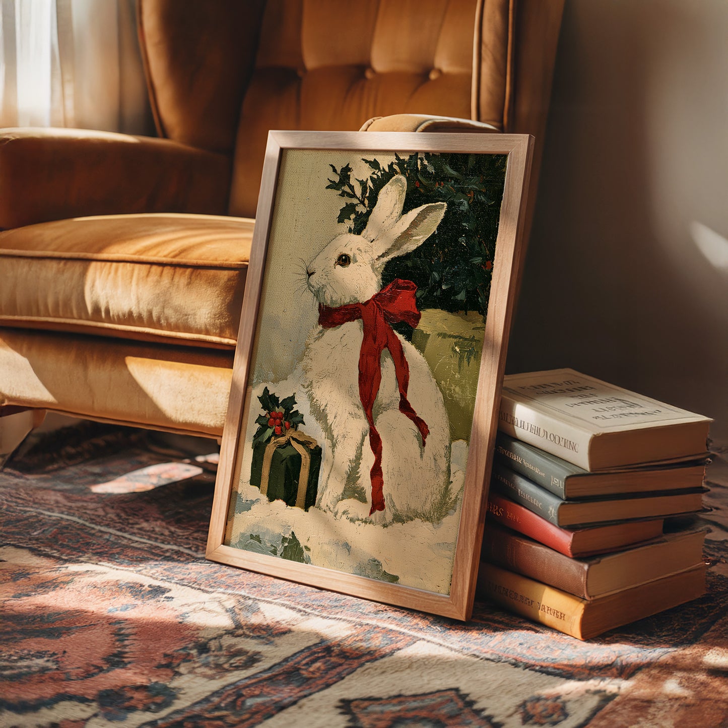 Oil-Painted Bunny with Red Ribbon