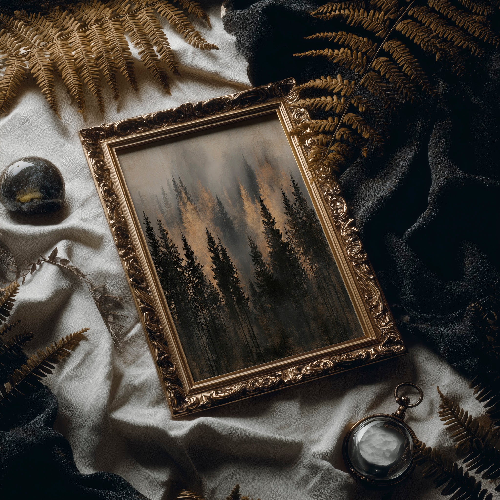 Pines Rising Through Amber Mist