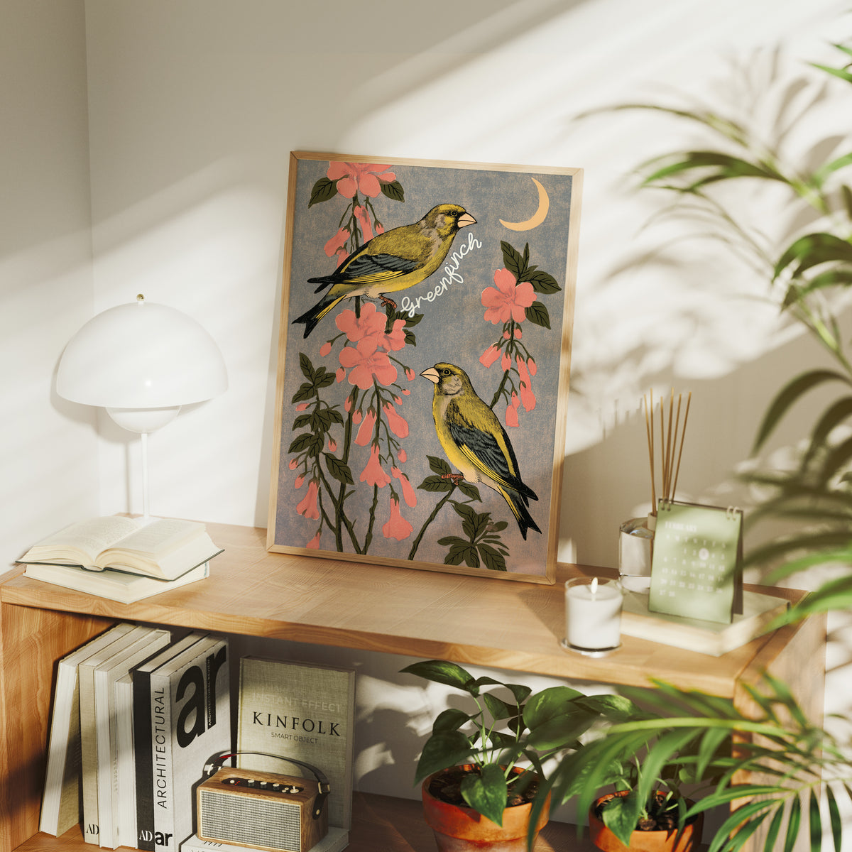 Greenfinches Beneath a Crescent Moon