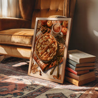 Lattice Get This Pie Started, framed print leaning on a leather armchair beside a stack of books