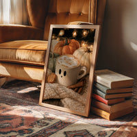 Latte Spirits, Feeling Ghoul, framed print leaning on a leather armchair beside a stack of books