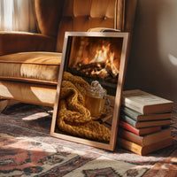 Hearth Of The Matter, framed print leaning on a leather armchair beside a stack of books