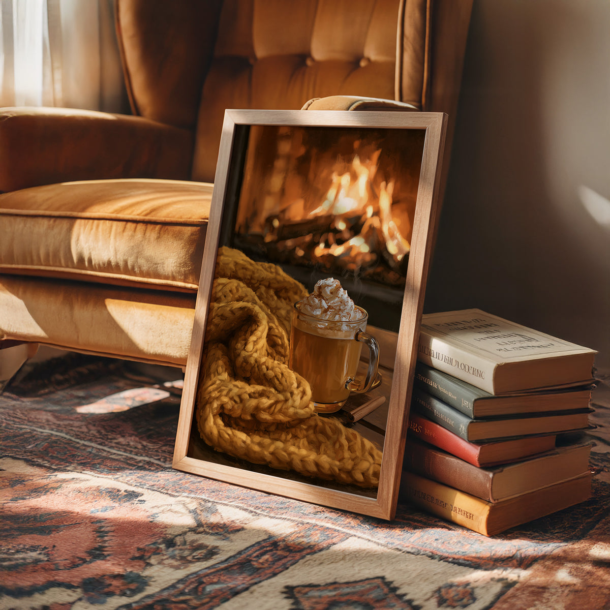 Hearth Of The Matter, framed print leaning on a leather armchair beside a stack of books