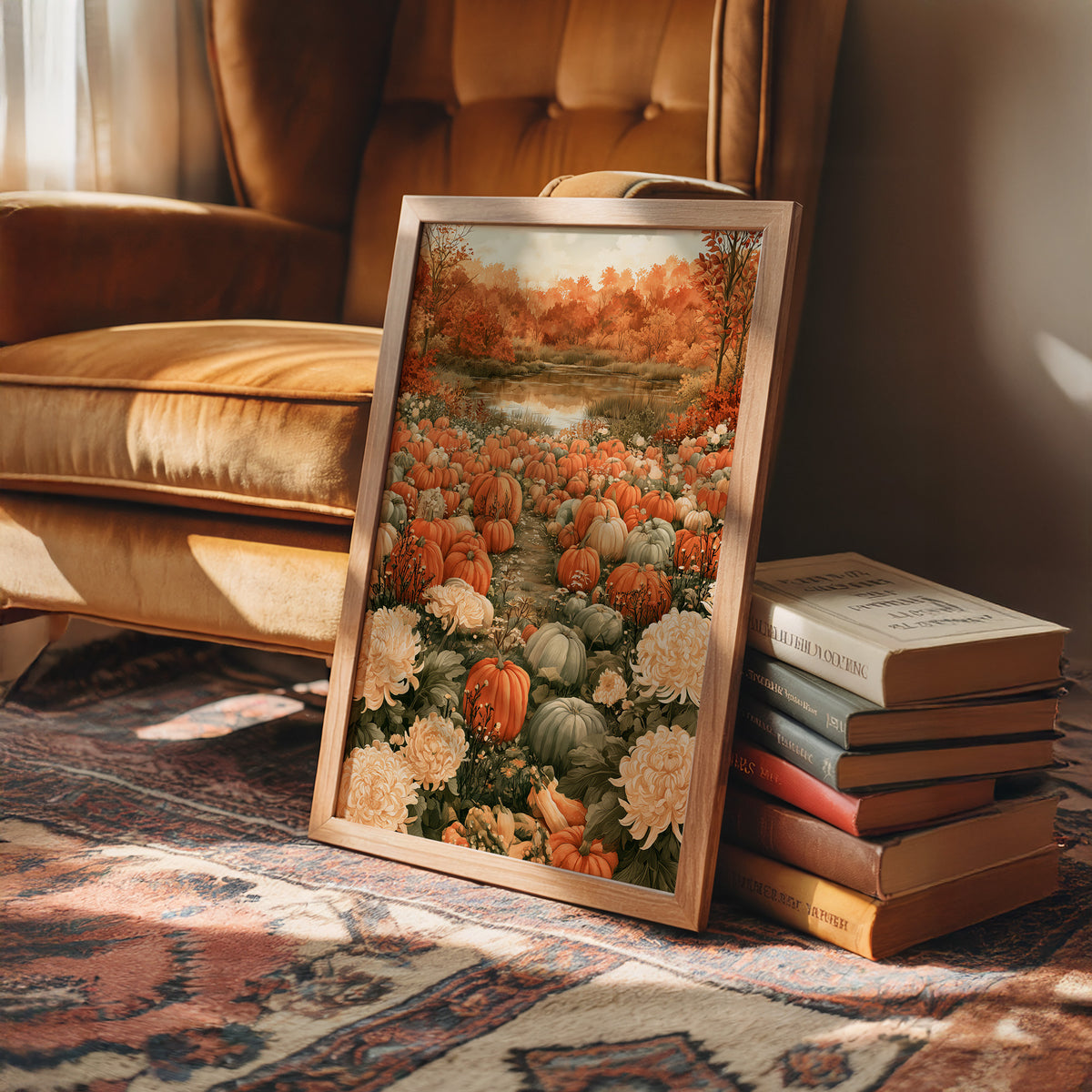 Mums The Word In The Pumpkin Patch, framed print leaning on a leather armchair beside a stack of books