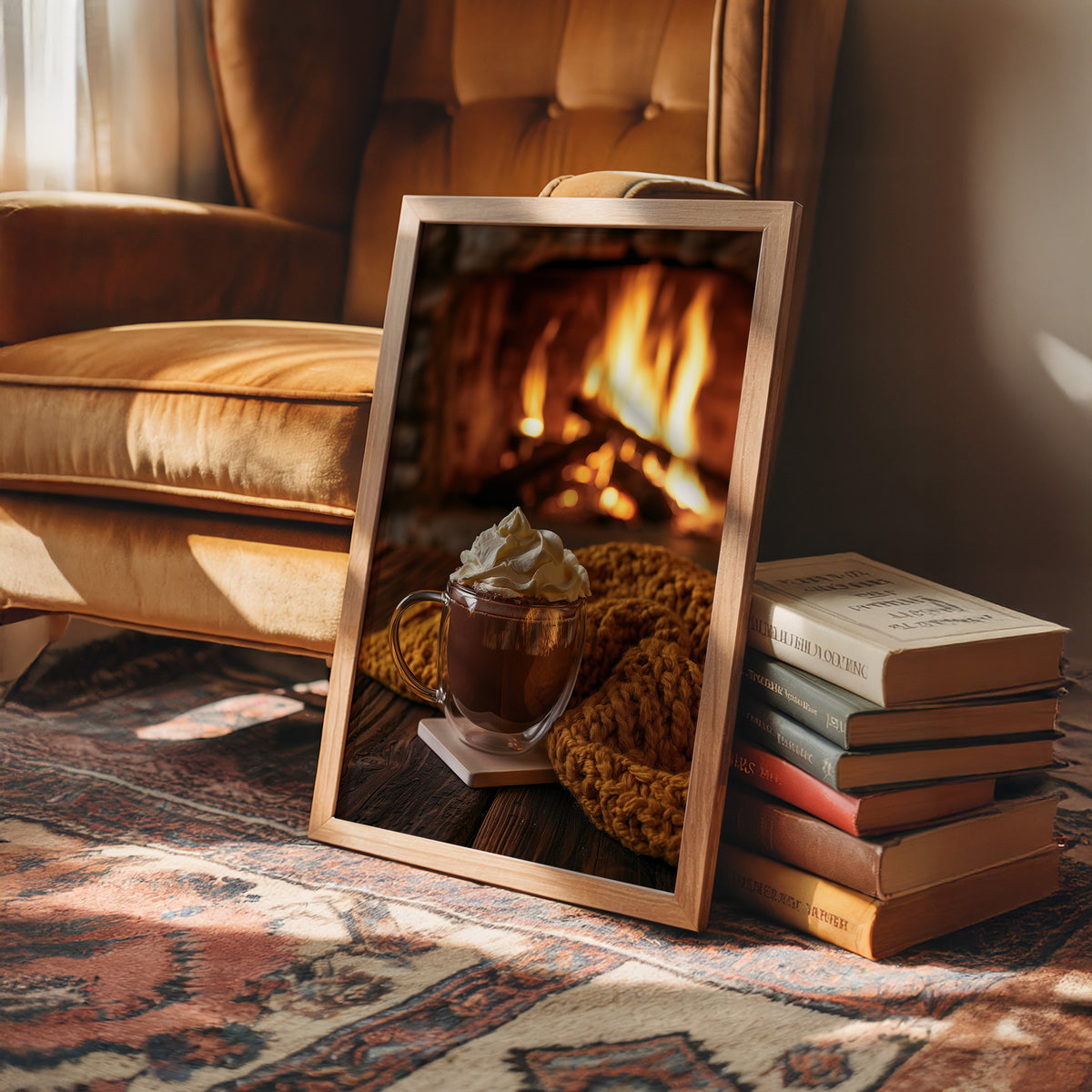 Cocoa Loco By The Fire, framed print leaning on a leather armchair beside a stack of books