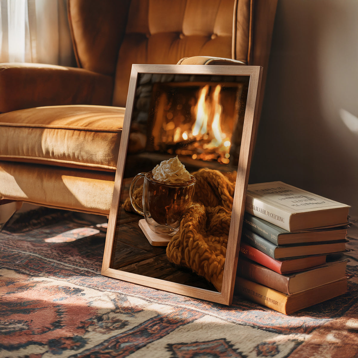 Mocha Ado About Nothing, framed print leaning on a leather armchair beside a stack of books