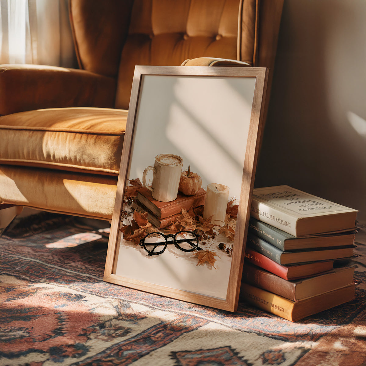 Read Between The Latte Lines, framed print leaning on a leather armchair beside a stack of books