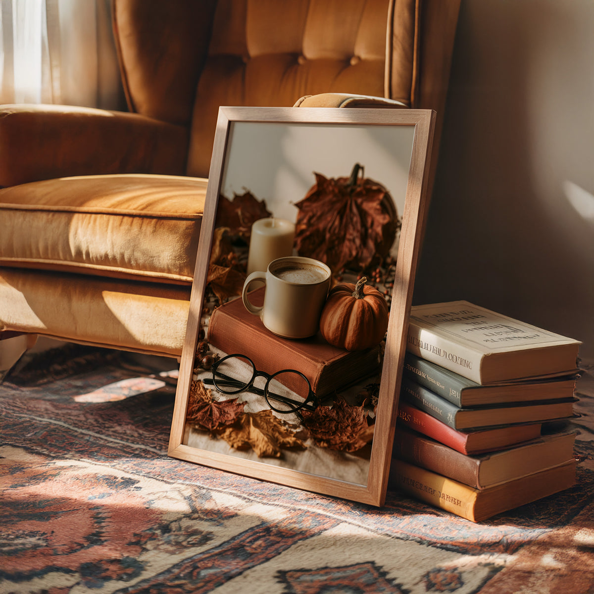 Novel Idea: More Coffee, framed print leaning on a leather armchair beside a stack of books