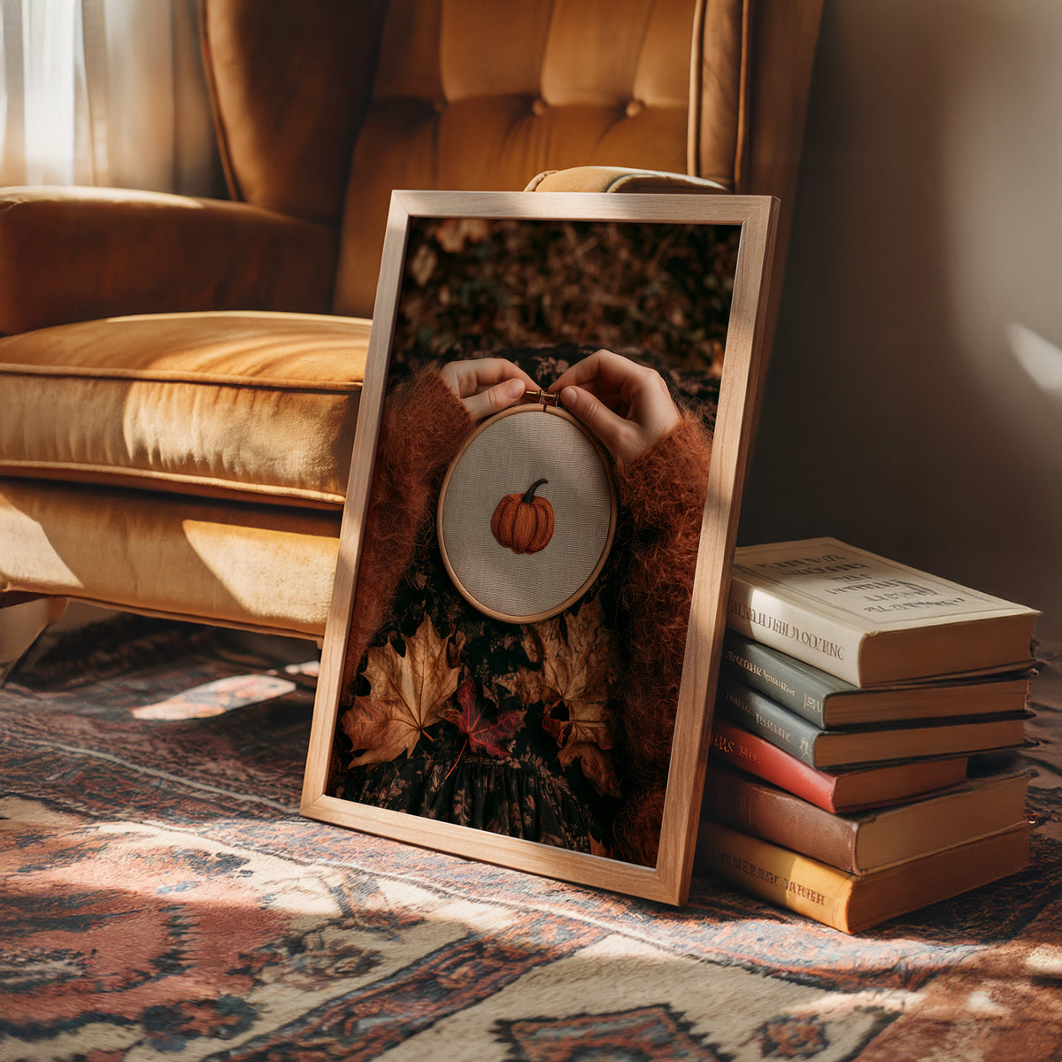 Sew Gourd, Sew Gourd, framed print leaning on a leather armchair beside a stack of books
