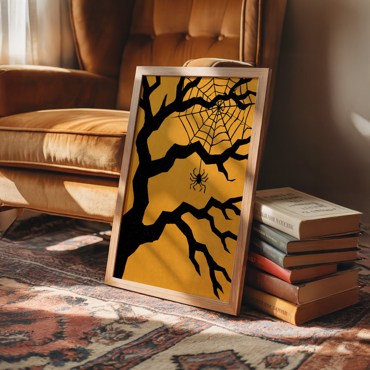 Just Hanging Around, Spookily, framed print leaning on a leather armchair beside a stack of books