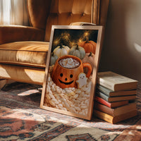 Mug Life: Jack O Latte Edition, framed print leaning on a leather armchair beside a stack of books