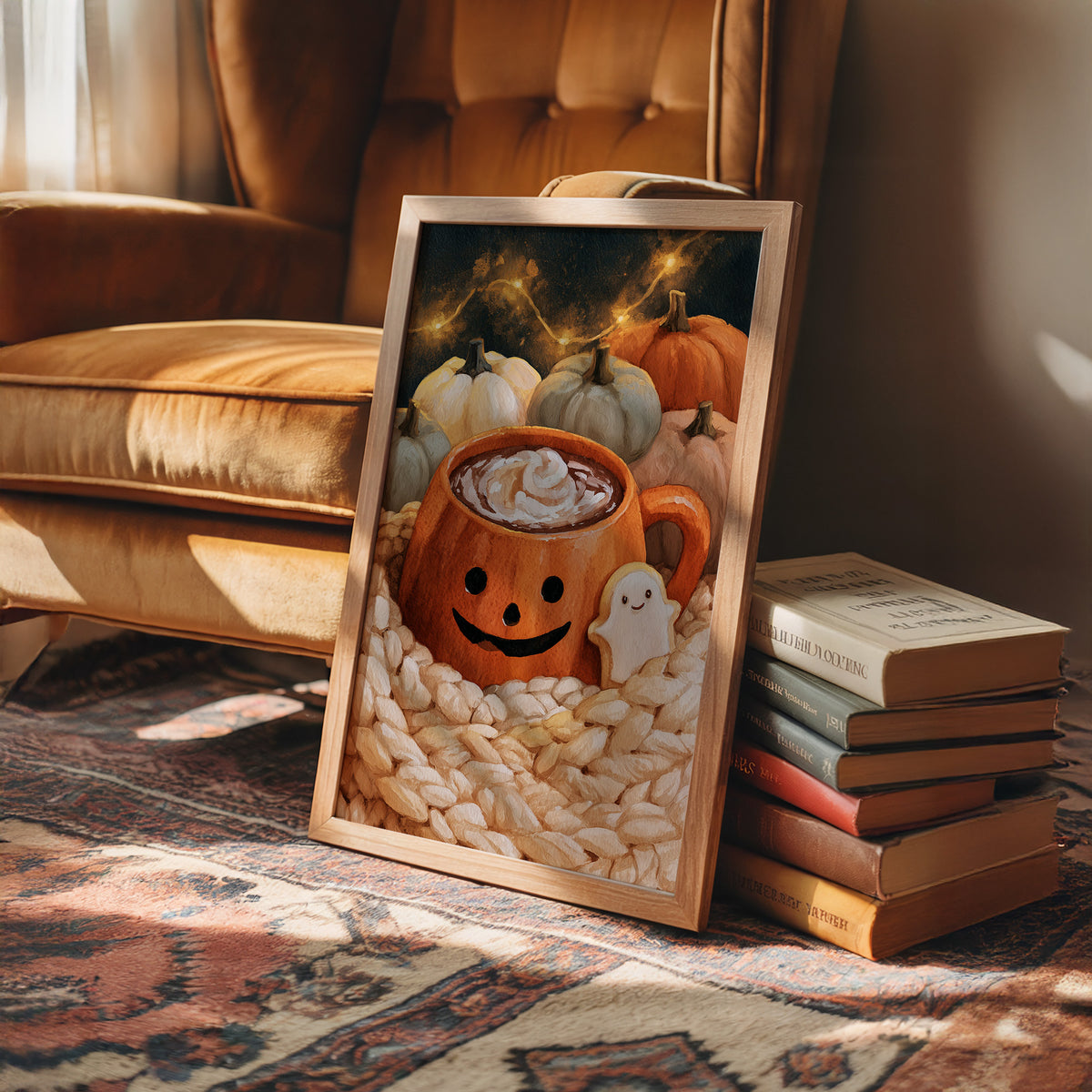 Mug Life: Jack O Latte Edition, framed print leaning on a leather armchair beside a stack of books