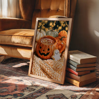 Snaggletooth Sips And Sweet Treats, framed print leaning on a leather armchair beside a stack of books