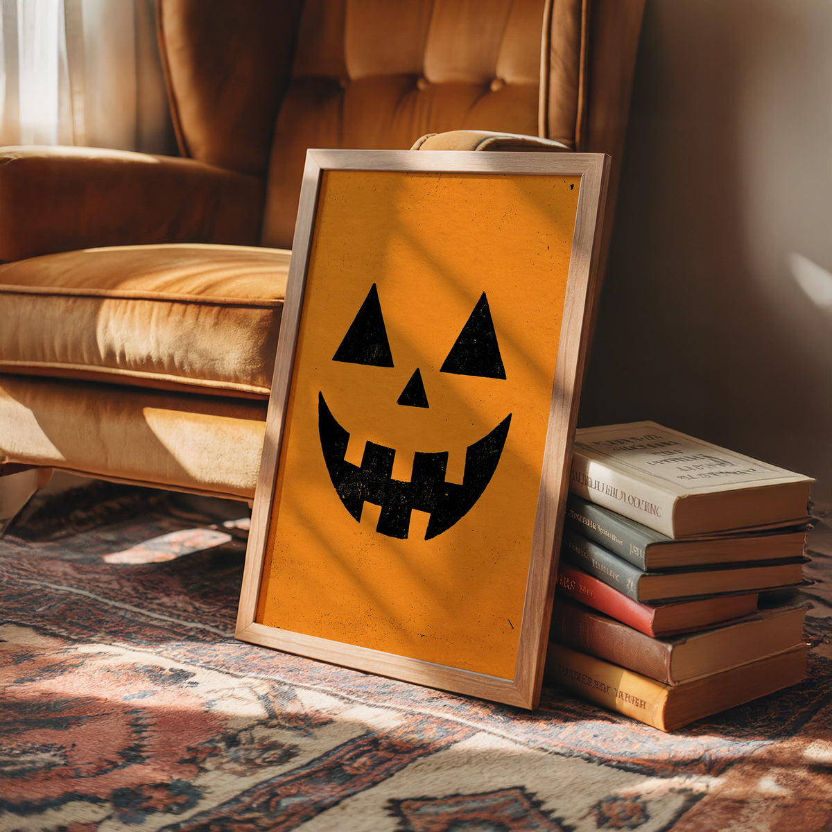 Face Value: Totally Gourd geous, framed print leaning on a leather armchair beside a stack of books