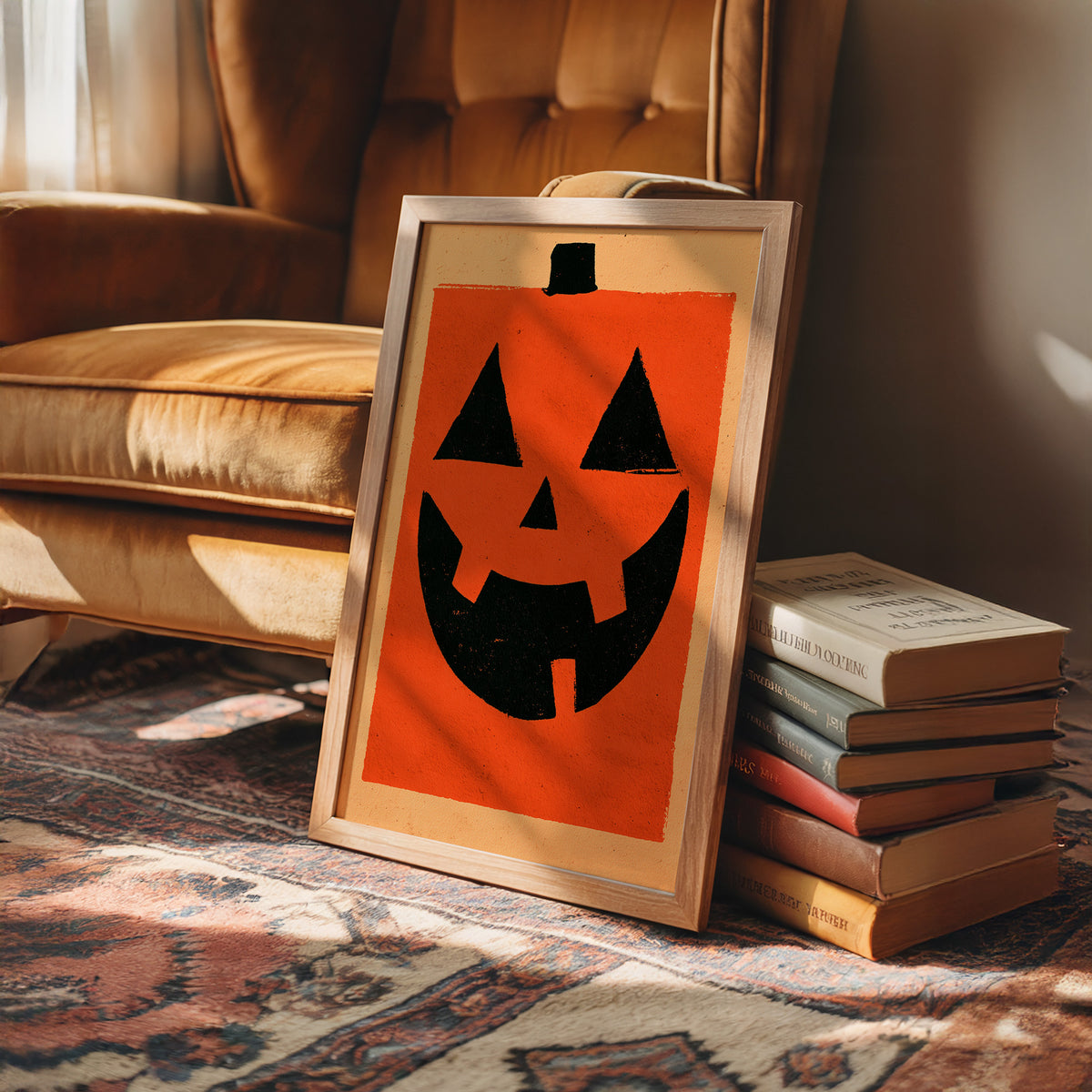 It’s Hip To Be Square, framed print leaning on a leather armchair beside a stack of books