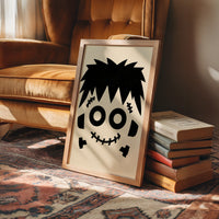 Bolt Of Approval, framed print leaning on a leather armchair beside a stack of books