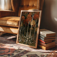 Birch Please, It’s Fall, framed print leaning on a leather armchair beside a stack of books