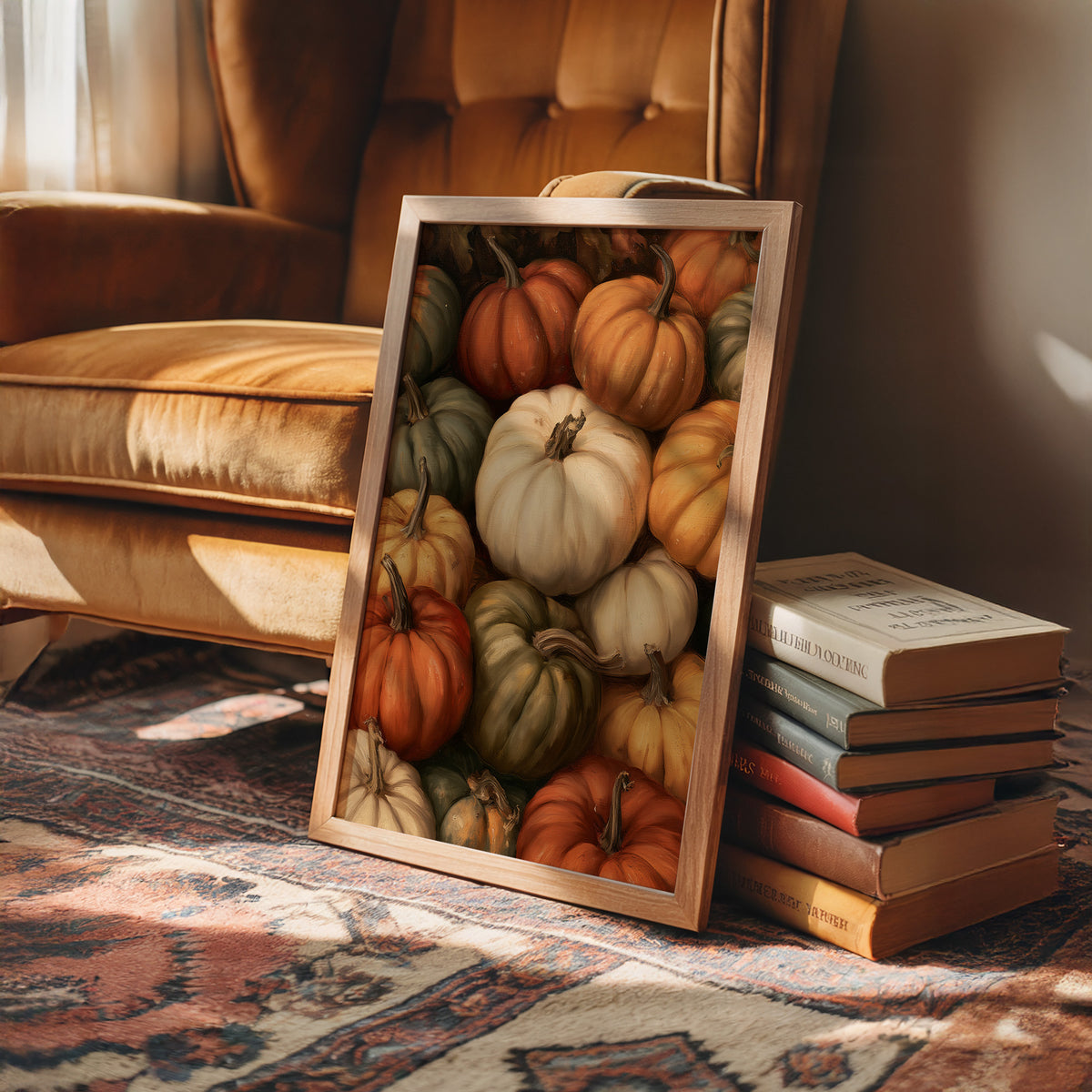 Crowded House, Gourd Edition, framed print leaning on a leather armchair beside a stack of books