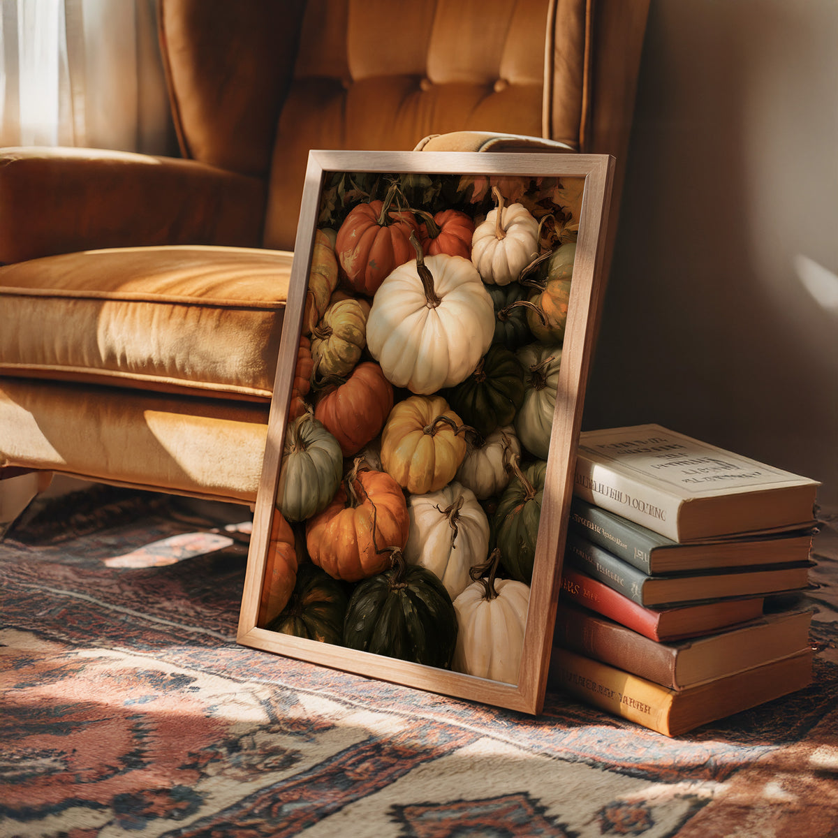 Squash Goals, Achieved, framed print leaning on a leather armchair beside a stack of books