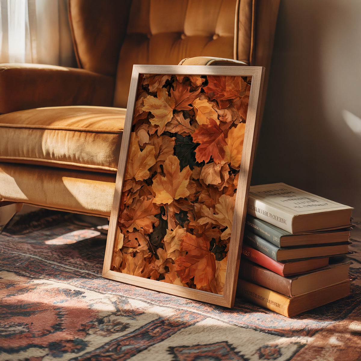 Fall Back And Relax, framed print leaning on a leather armchair beside a stack of books