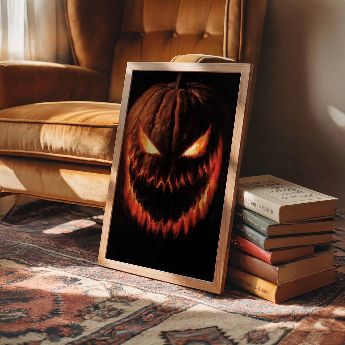 Grin And Bear The Fright, framed print leaning on a leather armchair beside a stack of books