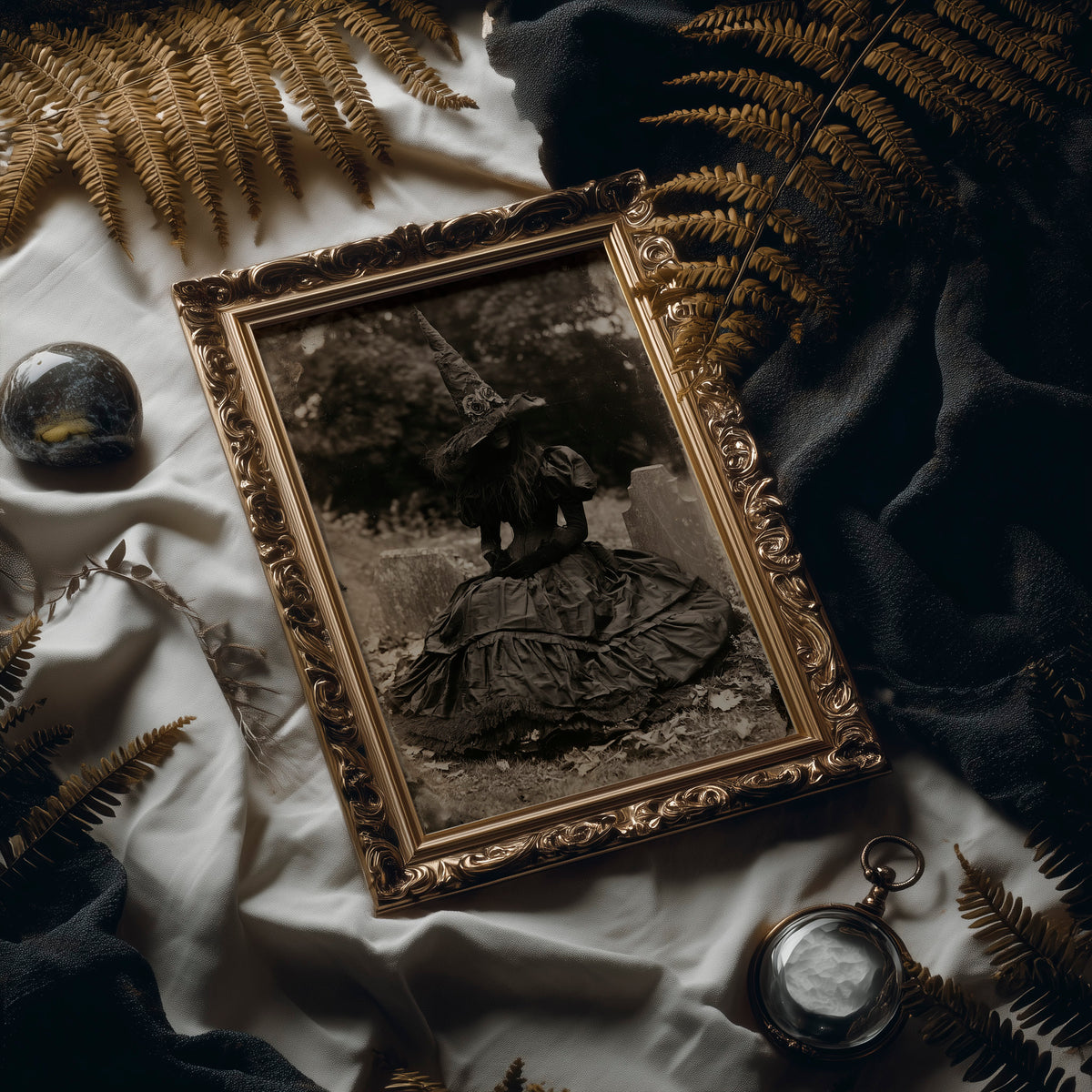 Resting Witch Face, framed print leaning on a leather armchair beside a stack of books