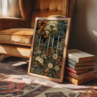 Daisy Chain Reaction In The Woods, framed print leaning on a leather armchair beside a stack of books
