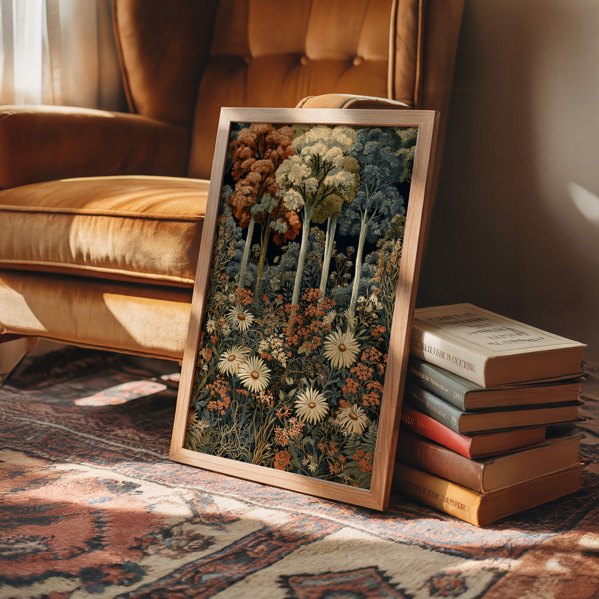 Daisy Chain Reaction In The Woods, framed print leaning on a leather armchair beside a stack of books