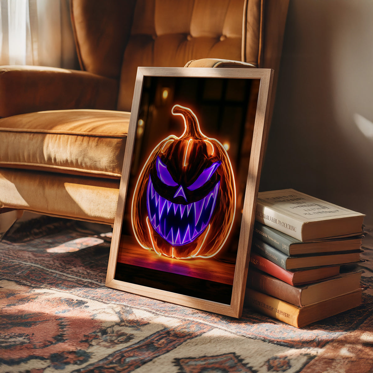 Neon Trouble Brewing, framed print leaning on a leather armchair beside a stack of books