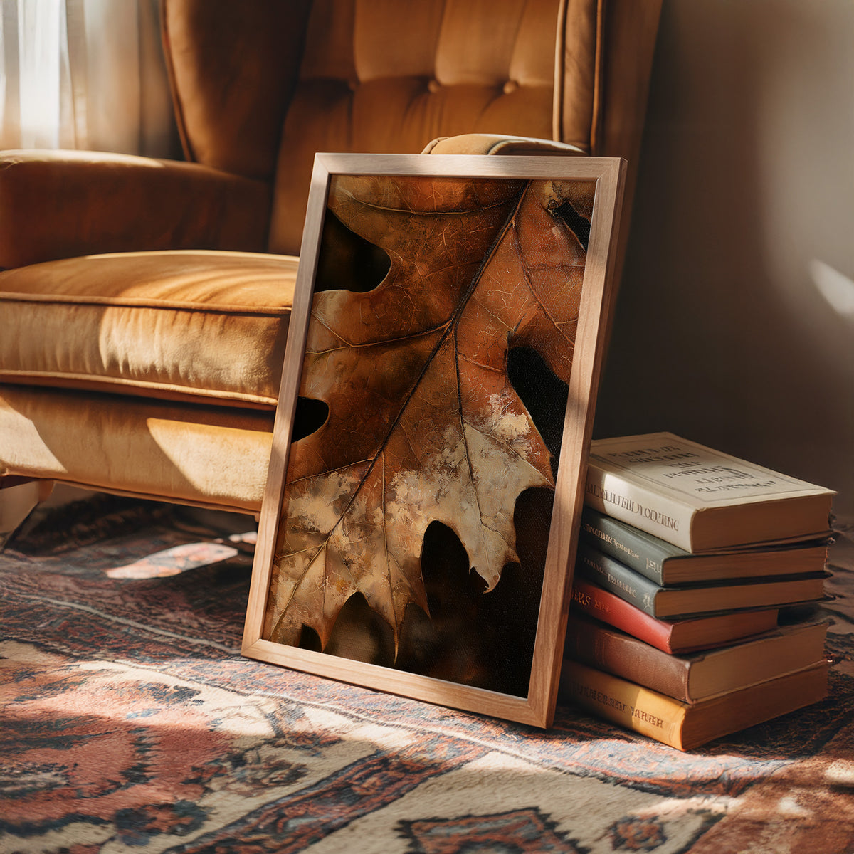 Oak ay, Ready For My Close Up, framed print leaning on a leather armchair beside a stack of books