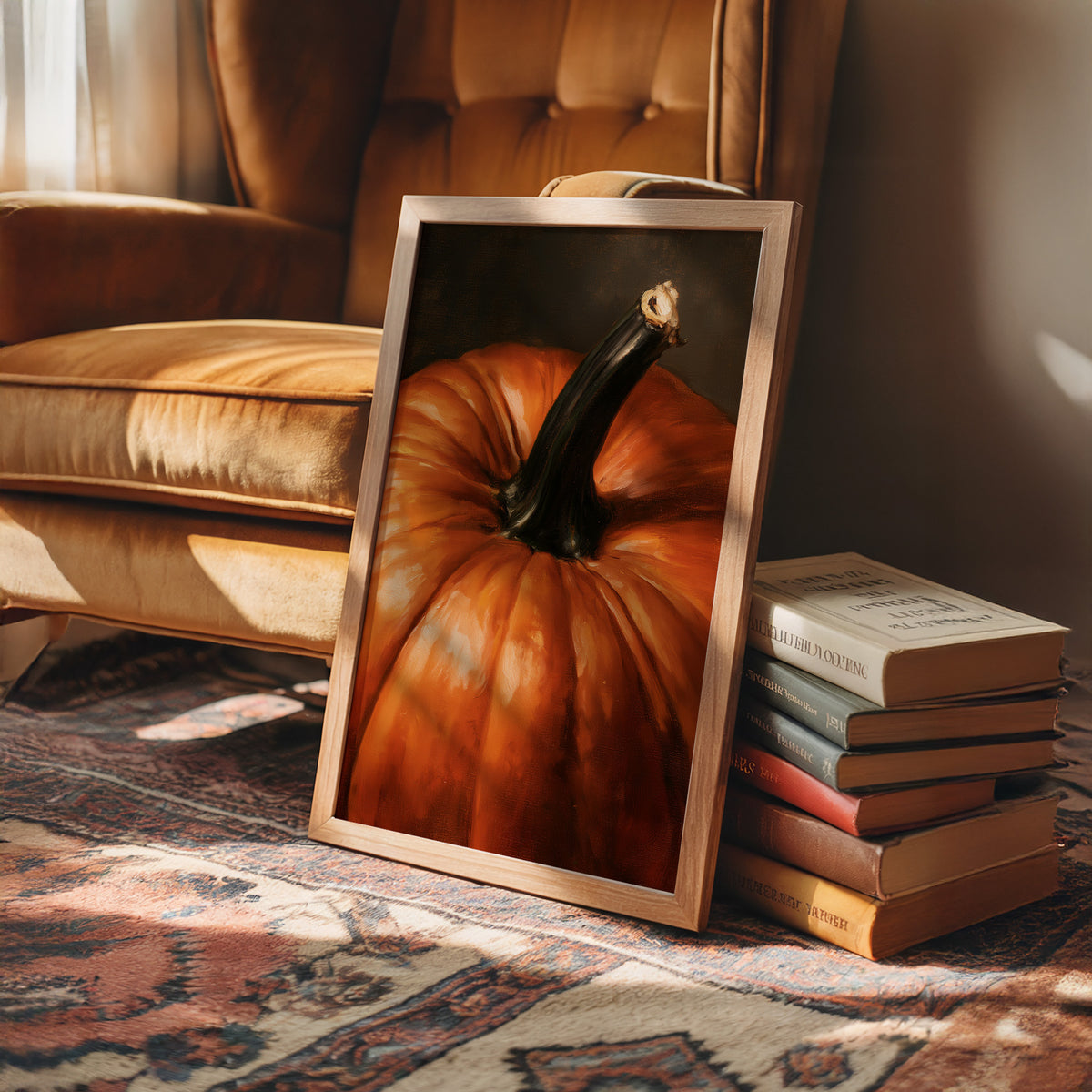 Stem Cell Of The Season, framed print leaning on a leather armchair beside a stack of books