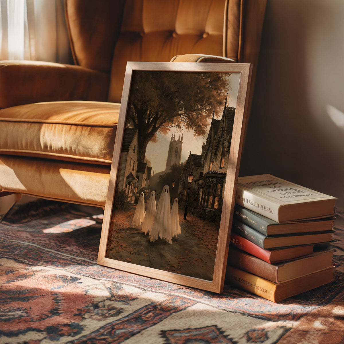 Neighborhood Watch, After Hours, framed print leaning on a leather armchair beside a stack of books