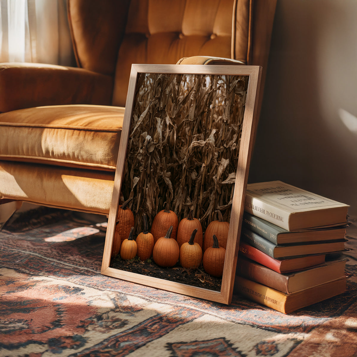 Lineup At The Corn Maze, framed print leaning on a leather armchair beside a stack of books