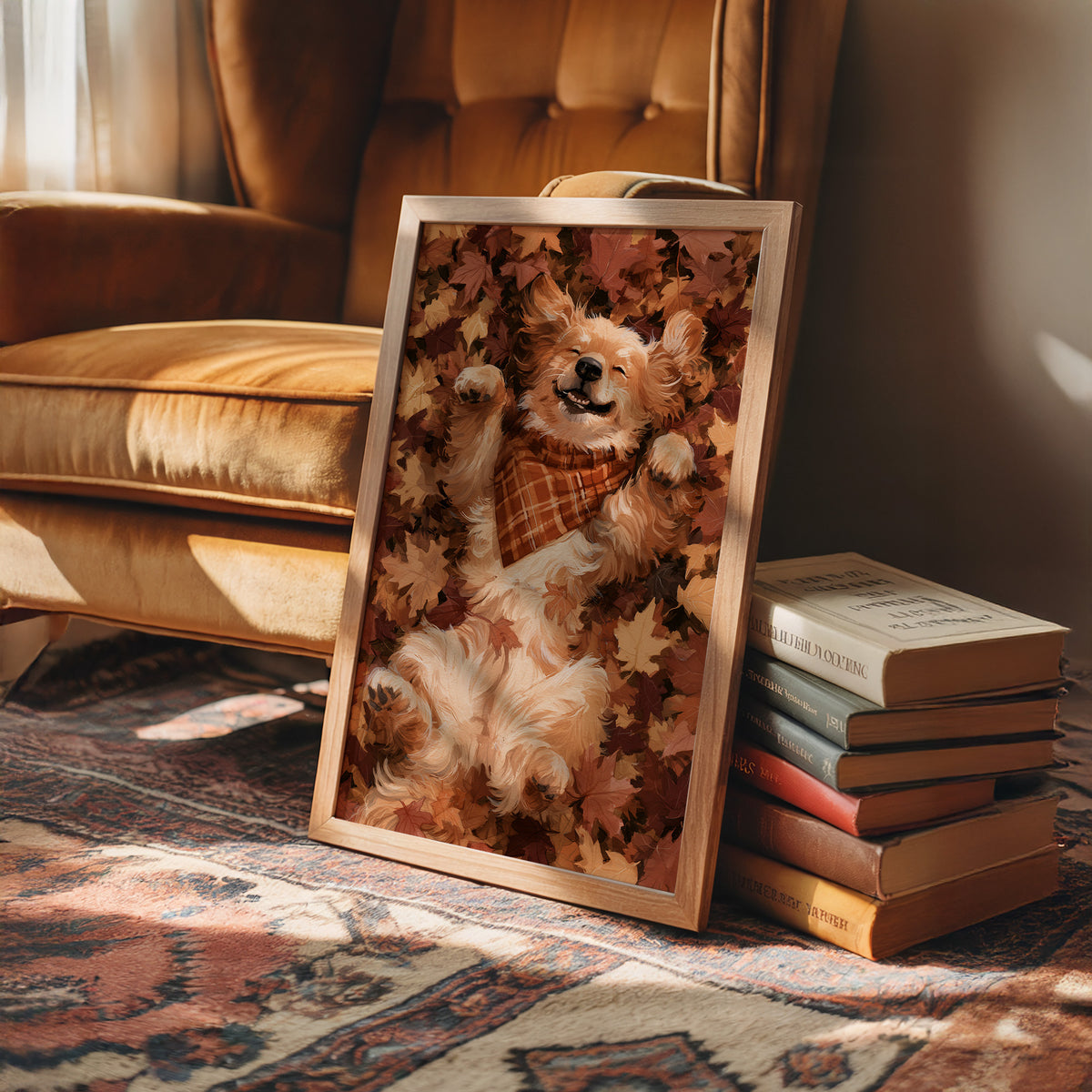 Belly Up, Leaf Pile Approved, framed print leaning on a leather armchair beside a stack of books