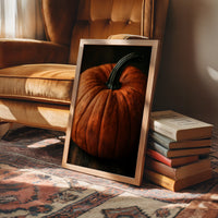 Speckled, Ribbed, And Ready For Its Portrait, framed print leaning on a leather armchair beside a stack of books