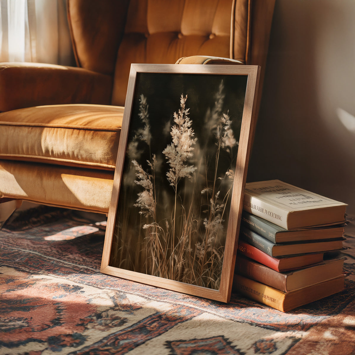Plume With A View, framed print leaning on a leather armchair beside a stack of books