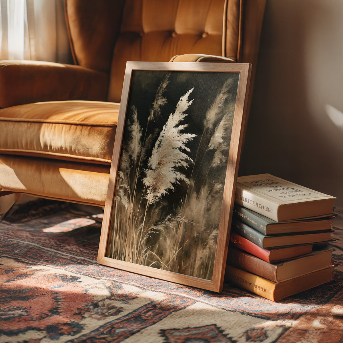 Gone With The Wind, Fluff Included, framed print leaning on a leather armchair beside a stack of books