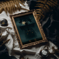 Ghost Ship Arriving Fashionably Late, framed print leaning on a leather armchair beside a stack of books