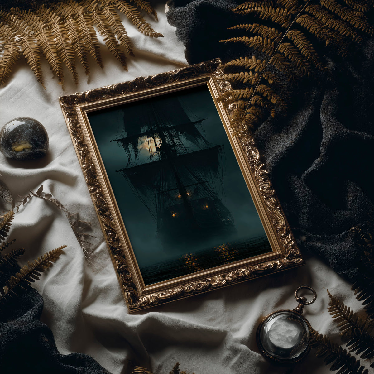 Ghost Ship Arriving Fashionably Late, framed print leaning on a leather armchair beside a stack of books