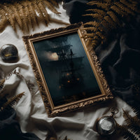 Shipshape It Is Not, framed print leaning on a leather armchair beside a stack of books