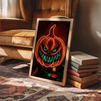 Glow Up, Grin Wide, Scare Hard, framed print leaning on a leather armchair beside a stack of books