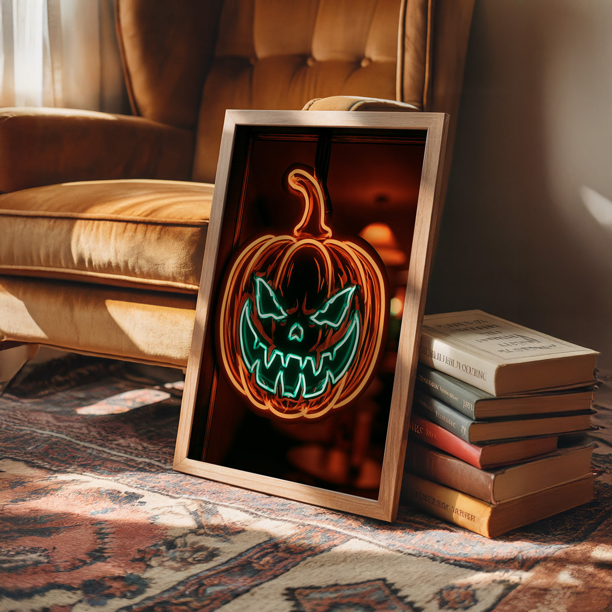 Window Display: Do Not Disturb, framed print leaning on a leather armchair beside a stack of books