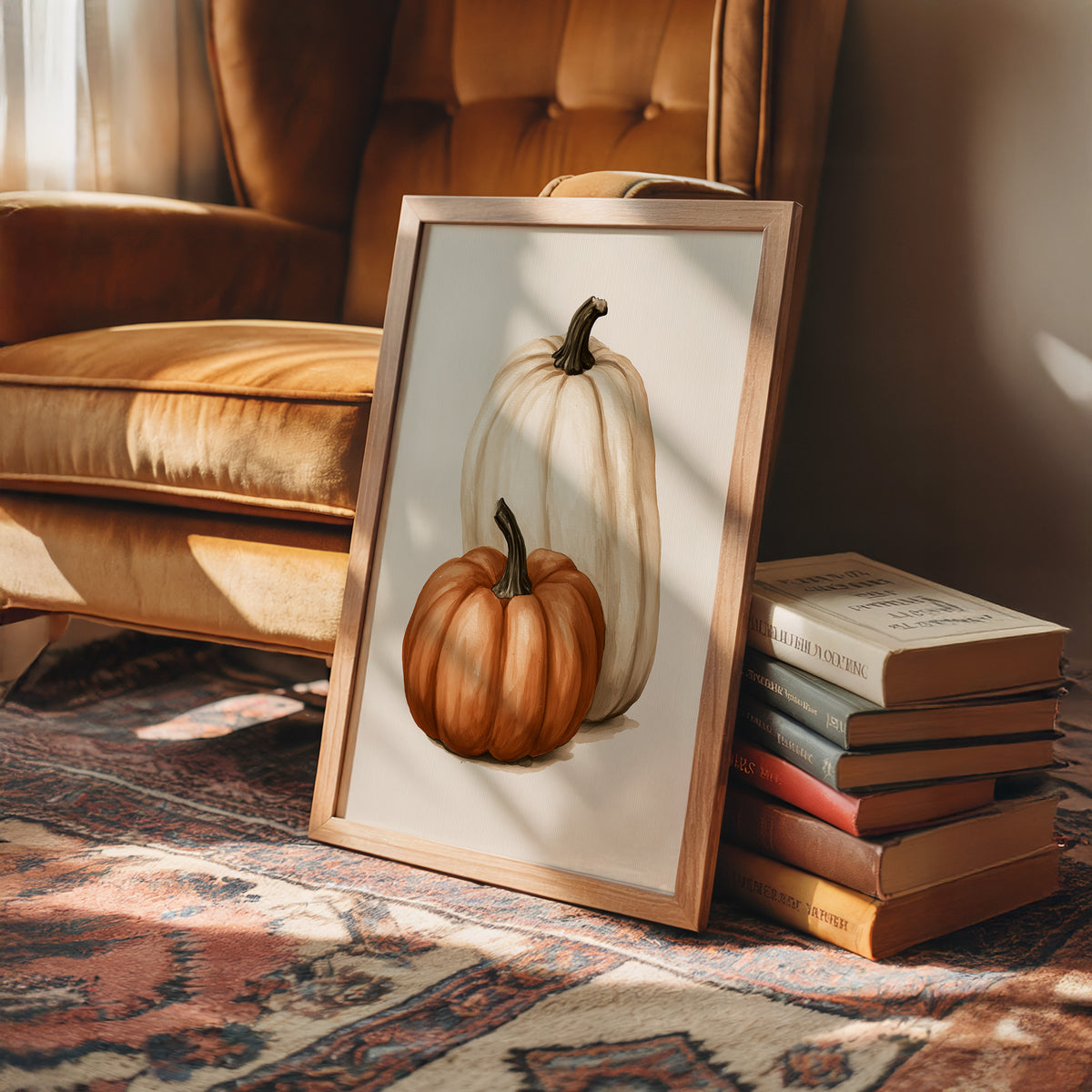 Tall, Pale, And Totally Supportive, framed print leaning on a leather armchair beside a stack of books