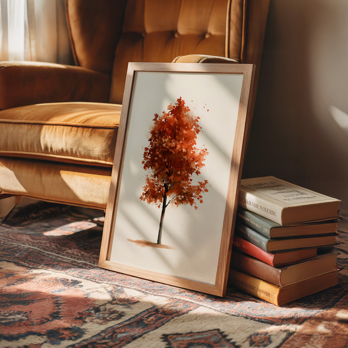 Solo Act, Standing Ovation, framed print leaning on a leather armchair beside a stack of books