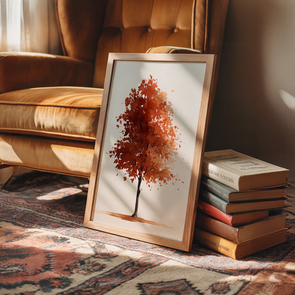 Shedding Season, No Apologies, framed print leaning on a leather armchair beside a stack of books